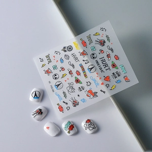 5D embossed nail art stickers featuring graffiti hearts and letters for DIY manicure