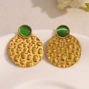 French vintage hammered gold earrings with round green cat-eye stone for women