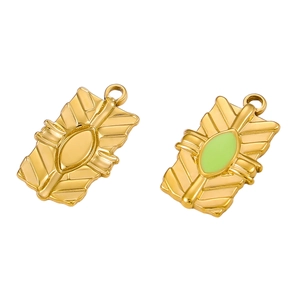 Golden rectangular leaf texture pendants with green enamel for DIY jewelry making