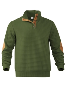 Detail of army green waffle knit pullover with brown collar and elbow patch accents
