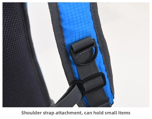 Close-up of breathable mesh shoulder strap with D-ring for hanging small outdoor gear