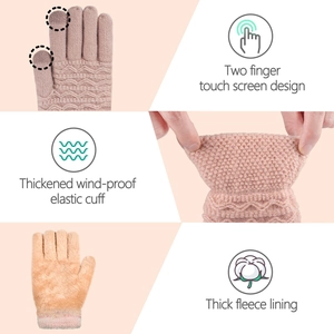 Detail showing two-finger touch screen design and thick fleece lining of pink knit gloves