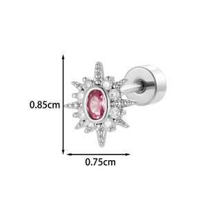 Silver starburst stud earring with pink oval zircon and dimension labels 0.85cm
