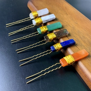 Set of 6 gold U-shaped hairpins with colorful wire-wrapped natural crystal stones