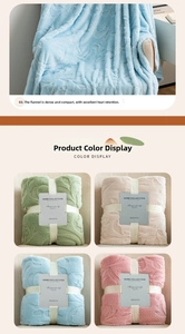 Macro detail of embossed jacquard flannel blankets in pastel colors with gift packaging