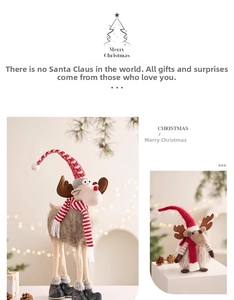 Detail of plush Christmas reindeer ornaments featuring red scarves and knitted hats