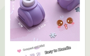 Macro detail of purple mini puncher for DIY paper crafts showing 3.3x3x2.5cm size