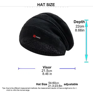 Detailed size chart for black fleece-lined knitted beanie with 54-60cm circumference