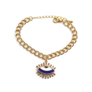 Golden Evil Eye link bracelet with colorful zircons and blue enamel charm on white background