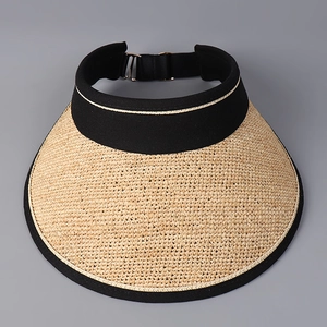 Détail d'un chapeau de soleil en raphia avec texture tissée, bordure noire et boucle en métal