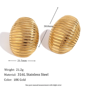 18K gold plated stainless steel oval stud earrings with striped texture and dimensions