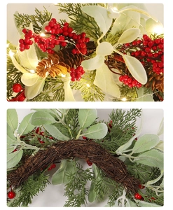 Detail of illuminated Christmas garland with red berries and needles on wooden base