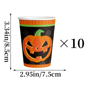 Close-up of Halloween pumpkin paper cup with 8.5cm height and 7.5cm diameter dimensions