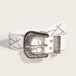 Detail of white leather punk belt with silver floral buckle and decorative metal rivets