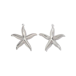 Vue détaillée de deux pendentifs étoile de mer en acier inoxydable poli couleur argent