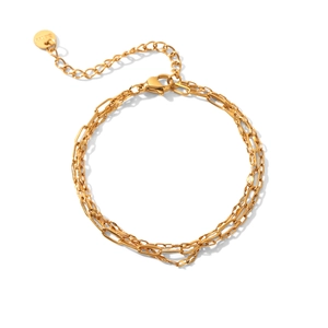 Three-layer gold stainless steel chain bracelet with adjustable lobster clasp and round tag
