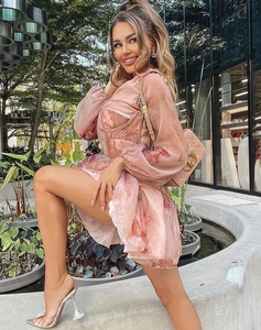 Detail of pink floral mesh dress with long sleeves and elegant waist design shown outdoors