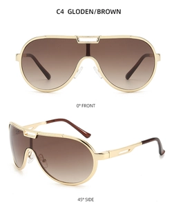 Close-up of golden metal frame aviator sunglasses with brown gradient lenses at dual angles