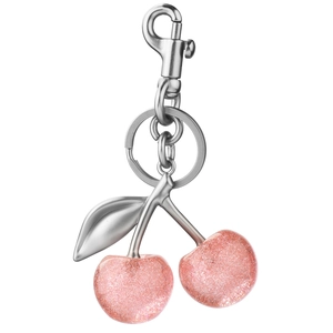 Chic pink glitter cherry keychain with silver metal carabiner clip on white background