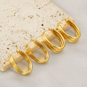 Triple Layer Hoop Earrings 18K Gold Plated Stainless Steel Minimalist Geometric U Shape Dangle Jewelry For Women