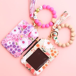 Floral zip card holder set with silicone bead wristlet and tassel keychain in pink and beige