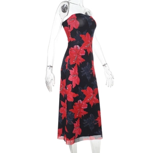 Detail of red floral print on strapless bodycon dress with side view silhouette