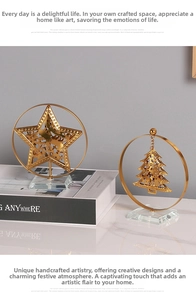 Detail view of golden metal Christmas tree and star ornaments on crystal base