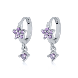 Detailed close-up of S925 silver flower earrings with purple cubic zirconia stones