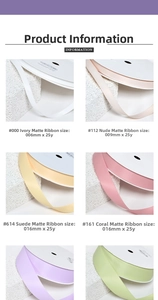 Detail of matte grosgrain ribbon rolls in Morandi colors with width and length specs