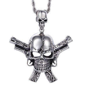 Gothic punk dual pistol skull warrior pendant in antique silver stainless steel