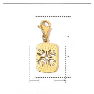 Detailed dimension view of gold stainless steel rectangular pendant with zirconia