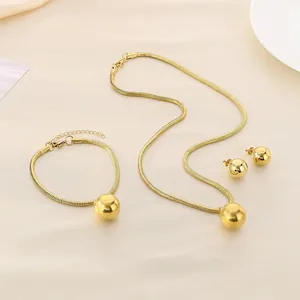Stainless Steel Jewelry 18K Gold Plated Hollow Round Ball Pendant Snake Chain Necklace Bracelet Earrings Women
