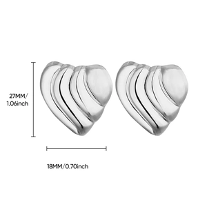 Detailed dimensions of silver heart earrings measuring 18mm by 27mm on white background