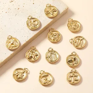Zodiac Constellation Pendant 18K Gold Plated Stainless Steel Round Embossed Charm With Crystal For DIY Jewelry Making