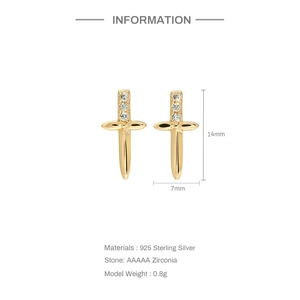Detailed view of sterling silver dagger earrings with zircon stones and dimensions