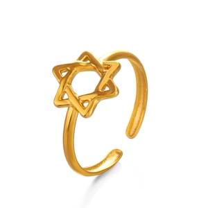 Polished hollow star stainless steel open ring with adjustable gold finish for women