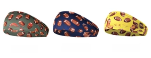 Three athletic sweatbands with American football patterns in green, navy, and yellow