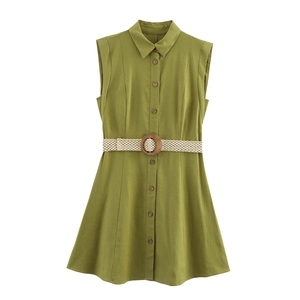 Sleeveless Linen Blend Mini Dress Lapel Collar Single Breasted Casual Summer Shirt Dress With Woven Belt Elegant