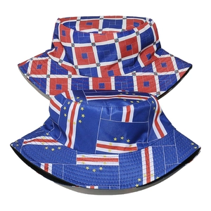 Detail of Cabo Verde and Dominican Republic flag prints on polyester bucket hats