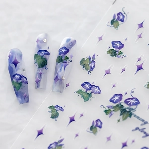 Stickers ongles 5D motif fleurs de gloire du matin violettes et effet marbre bleu