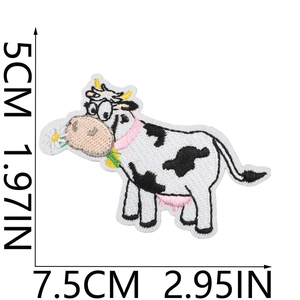 Detailed view of cartoon cow embroidery patch with precise 7.5cm x 5cm dimensions