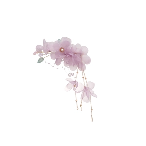 Barrette à cheveux fleur violette en tissu avec pompon perle et chaîne en métal doré