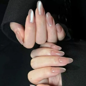 Elegant Cat Eye Press On Nails Long Almond Shape Artificial Pearl Luster Nude Pink Full Cover Removable Manicure For Women