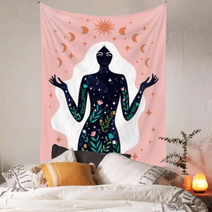 Bedroom wall decor featuring a pink mystical goddess tapestry with moon and star patterns