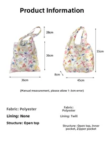 Detailed comparison of polyester tote bags with floral prints showing size and inner lining