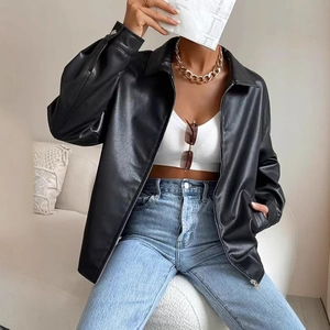 Vintage oversized black faux leather biker jacket with zip collar for a stylish street look