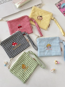 Mini Karo-Geldbeutel Gestickte Stoff-Brieftasche Mit Handschlaufe Tragbare Kleine Aufbewahrungstasche Für Kopfhörer