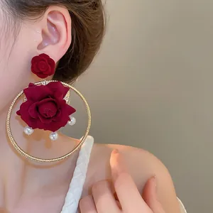 French vintage red velvet rose earrings with gold circle and pearls for women