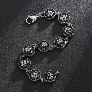 Men's punk tiger head stainless steel bracelet with vintage silver-grey embossed links
