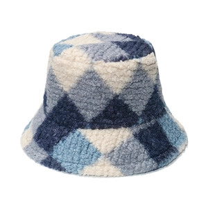 Retro sherpa bucket hat with colorful geometric diamond patterns in navy and cream